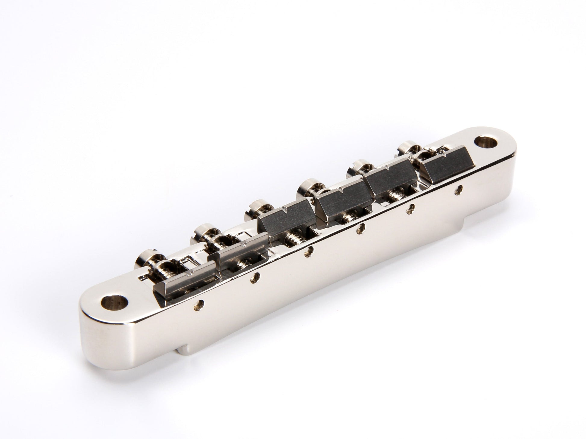 Non-wired ABR-1 bridge, zinc body, notched titanium saddles, nickel plated, rear view