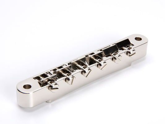 Non-wired ABR-1 bridge, zinc with zinc saddles, nickel plated, front view