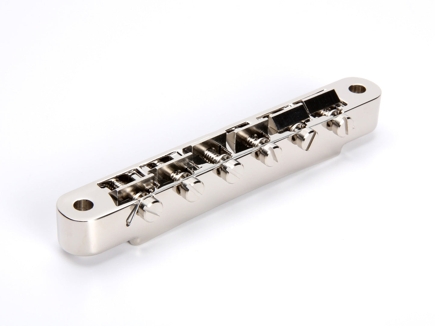 Wired ABR-1 bridge, zinc with zinc saddles, nickel plated, front view
