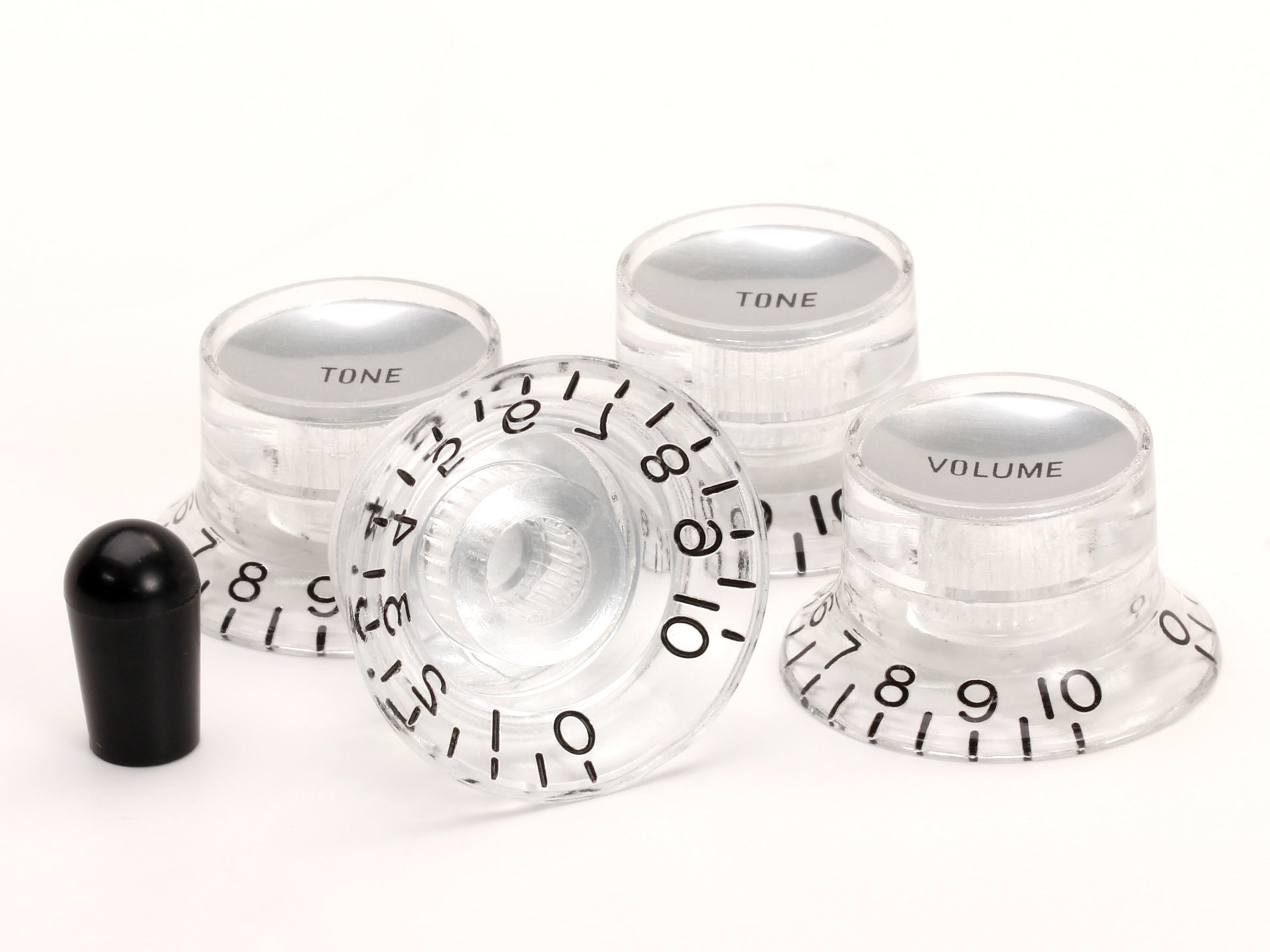 Gibson-style reflector knob set in clear, with black Switchcraft switch tip