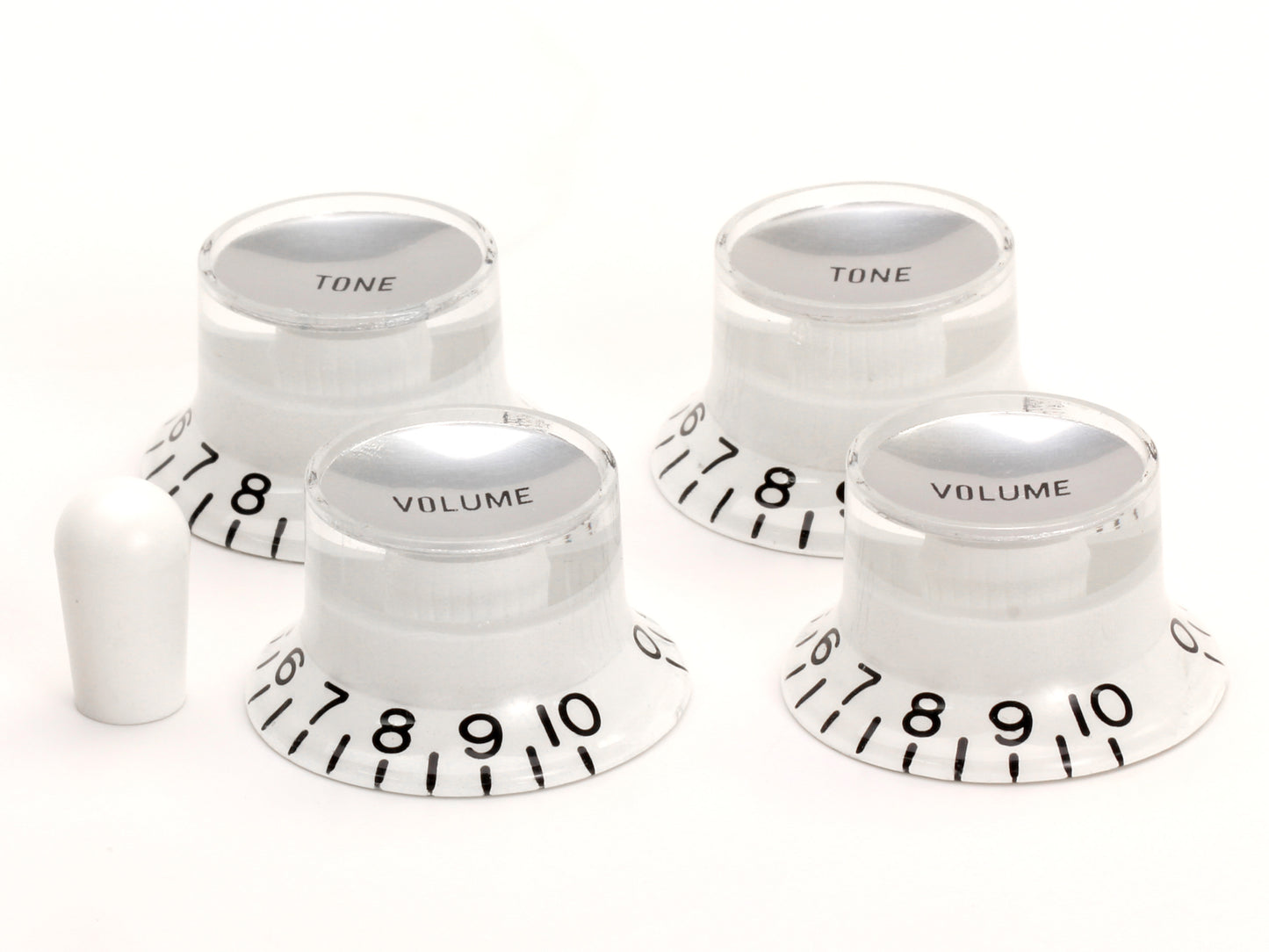 Gibson-style reflector knob set in white/silver, with white Switchcraft switch tip