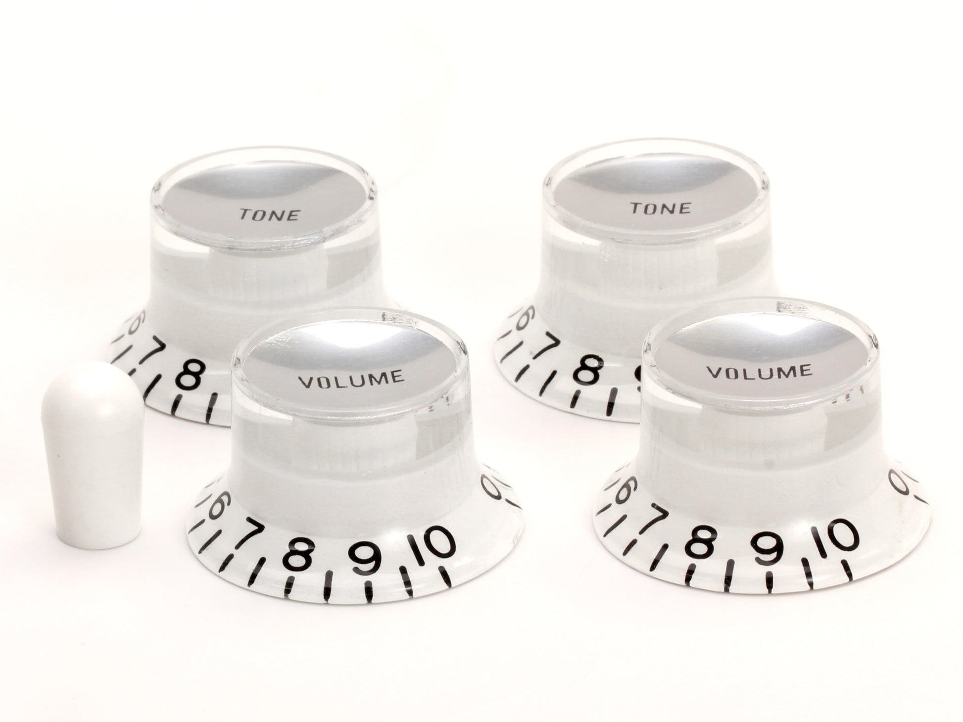 Gibson-style reflector knob set in white/silver, with white Switchcraft switch tip