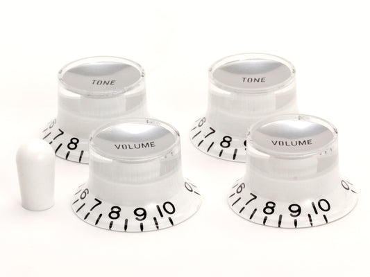 Gibson-style reflector knob set in white/silver, with white Switchcraft switch tip
