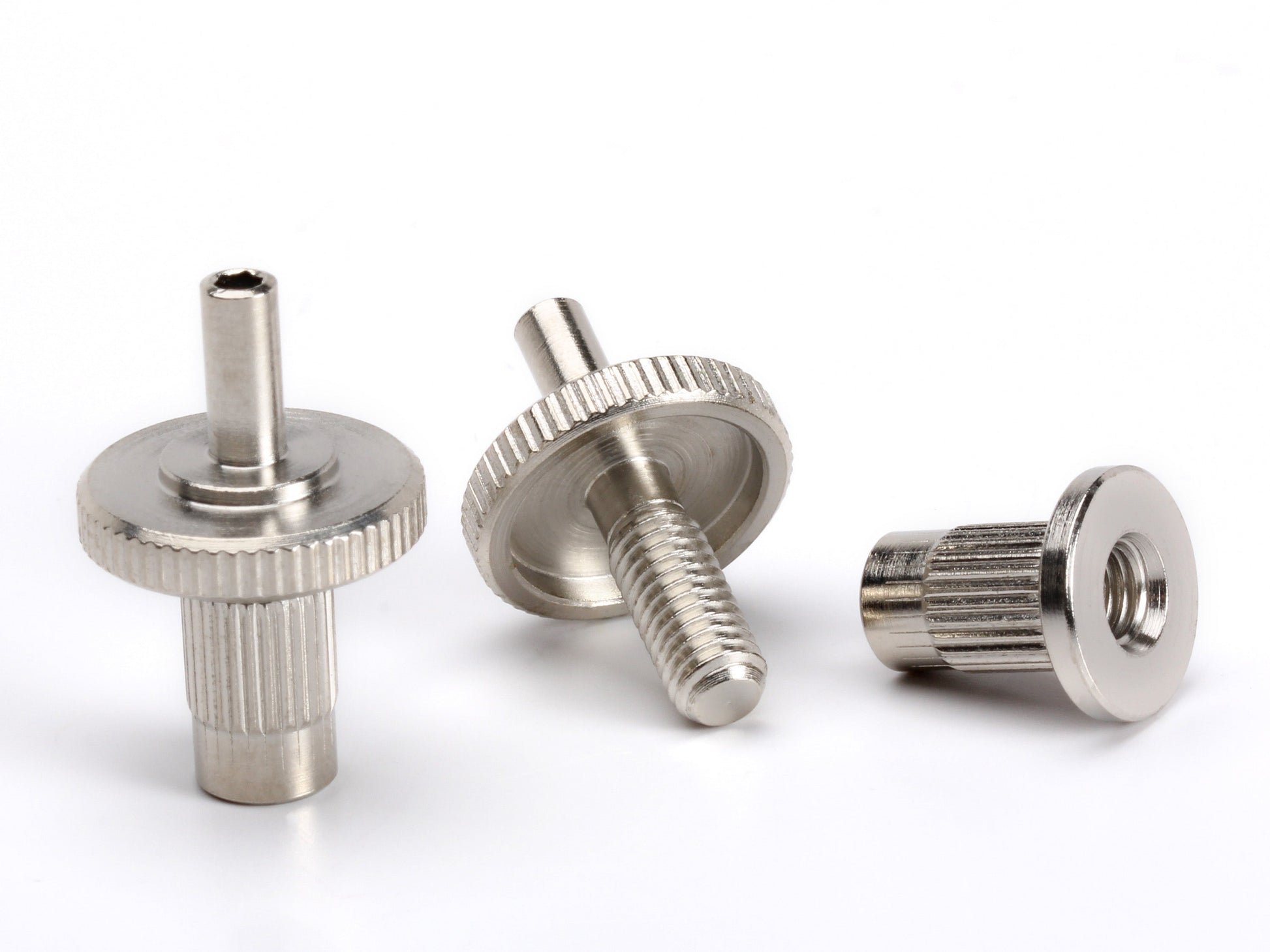 OEM Nashville bridge post set, M5 thread with 5mm post, nickel-plated steel, with hex broach for ease of adjustment, exploded