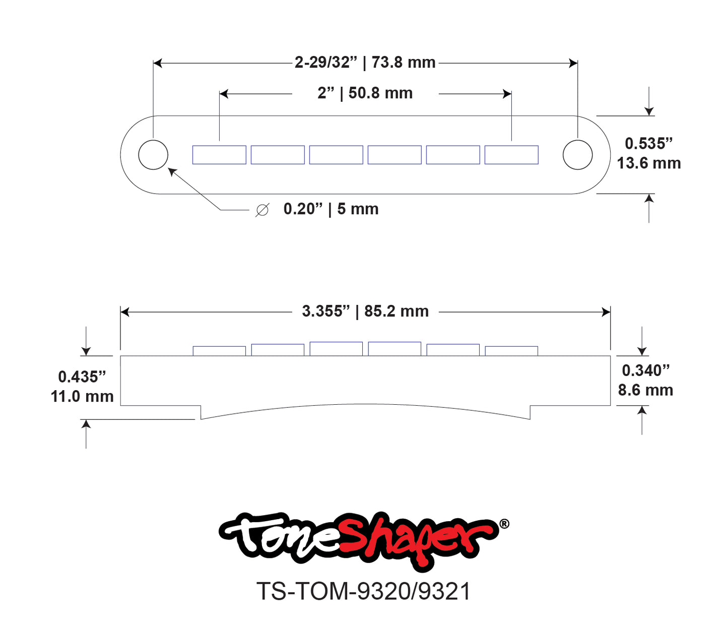 Dimension Drawing for Tune-O-Matic Bridge