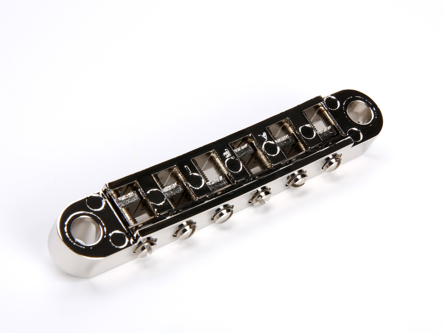 OEM Nashville tune-o-matic bridge, aluminum body with zinc saddles, nickel, underside