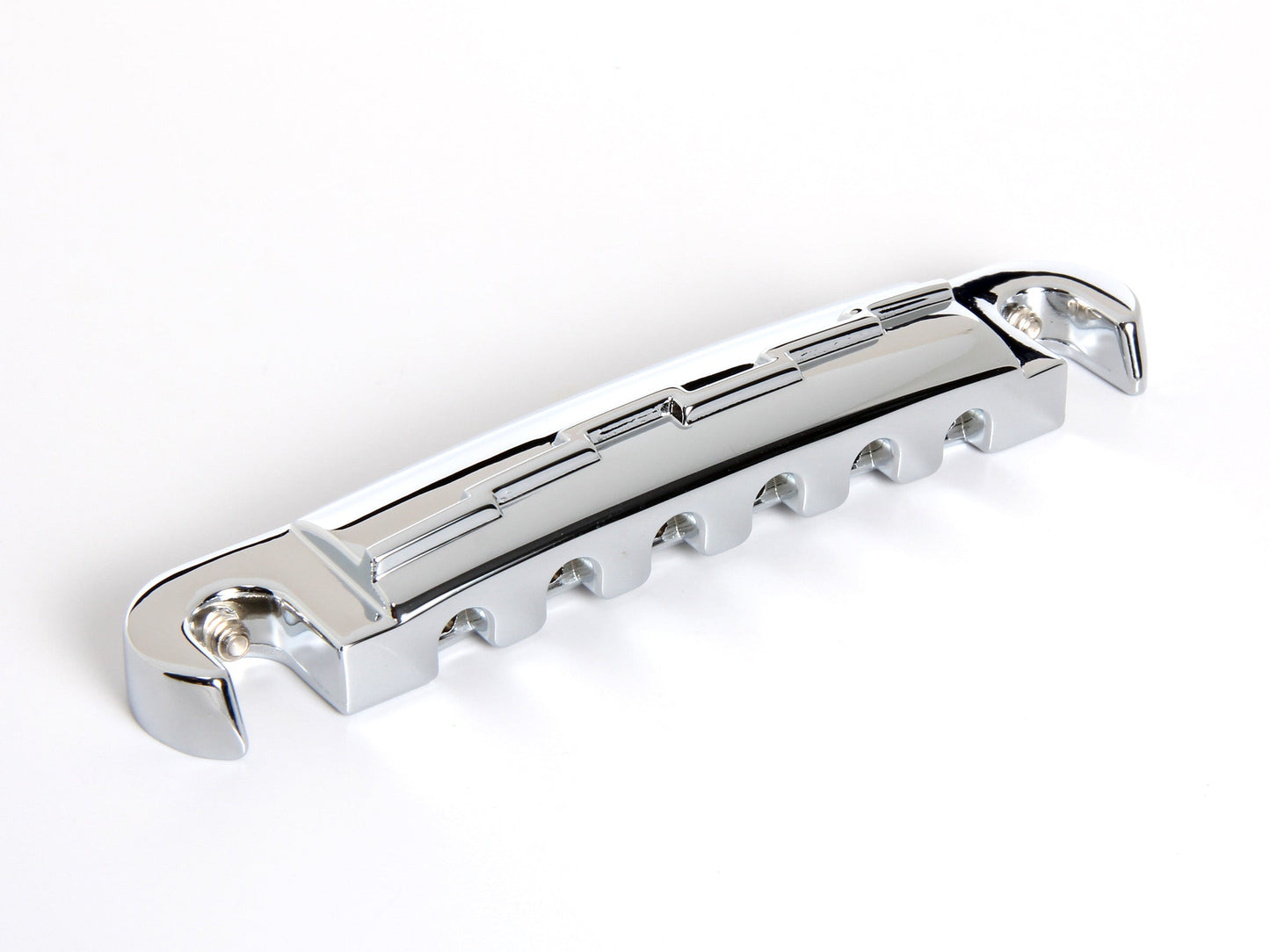 OEM lightning bar wraparound tailpiece compensated for unwound G string, chrome-plated zinc, front