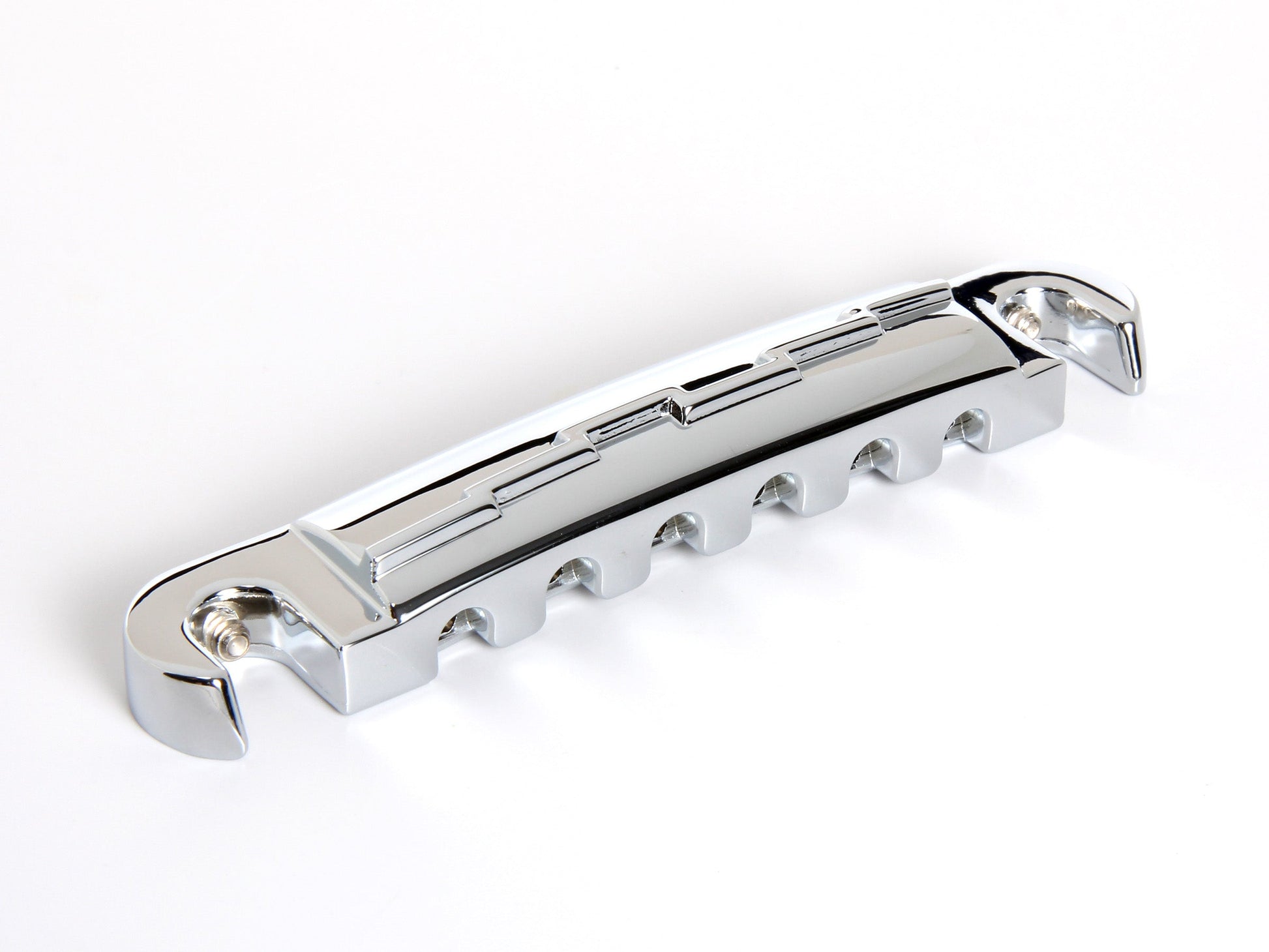 OEM lightning bar wraparound tailpiece compensated for unwound G string, chrome-plated zinc, front