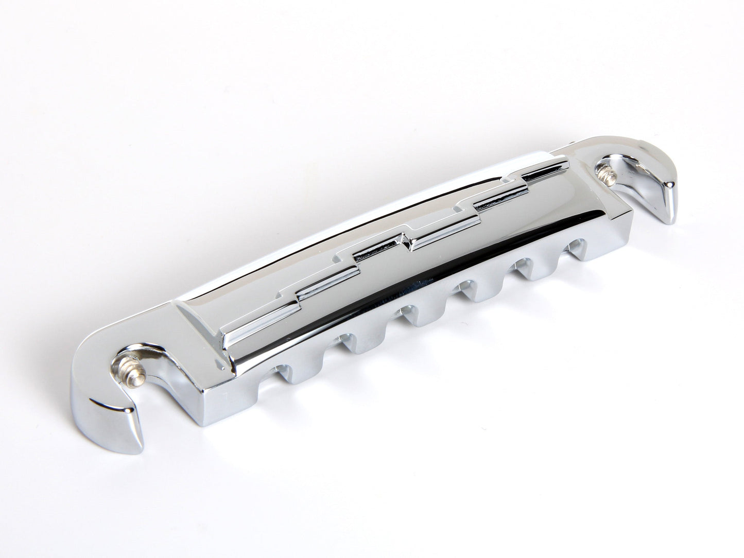 OEM lightning bar wraparound tailpiece compensated for unwound G string, chrome-plated zinc, front, alternate view