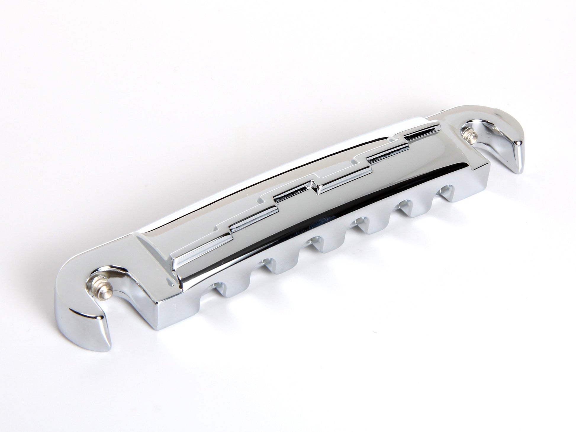 OEM lightning bar wraparound tailpiece compensated for unwound G string, chrome-plated zinc, front, alternate view