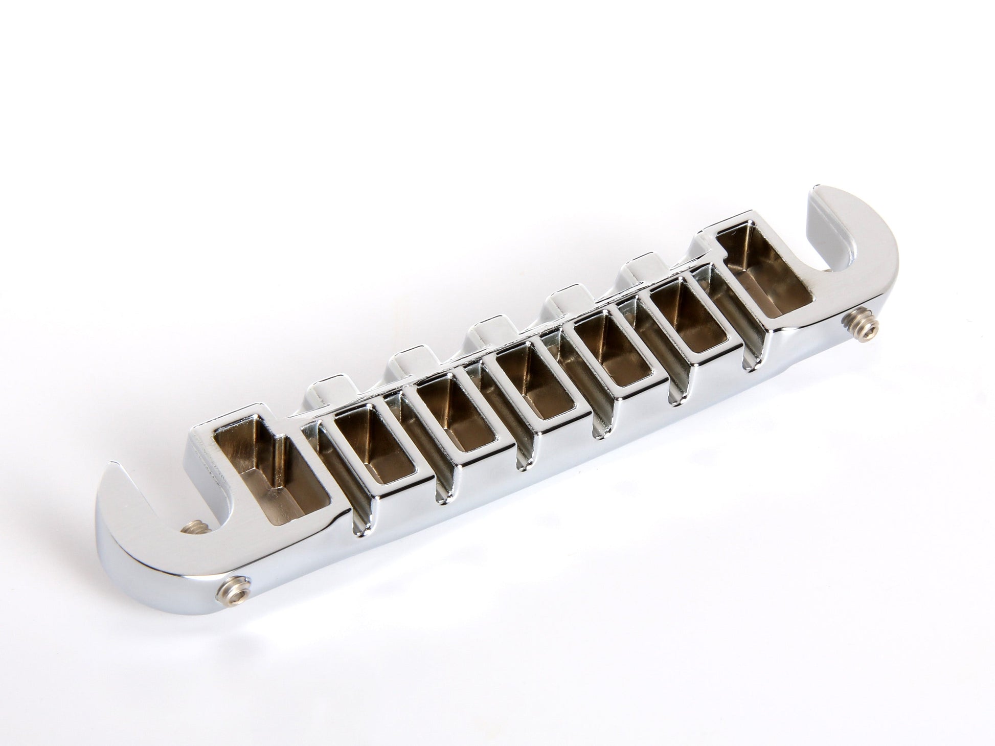 OEM lightning bar wraparound tailpiece compensated for unwound G string, chrome-plated zinc, underside