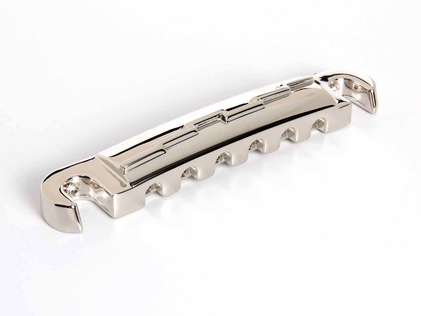 OEM lightning bar wraparound tailpiece compensated for unwound G string, nickel-plated zinc, front