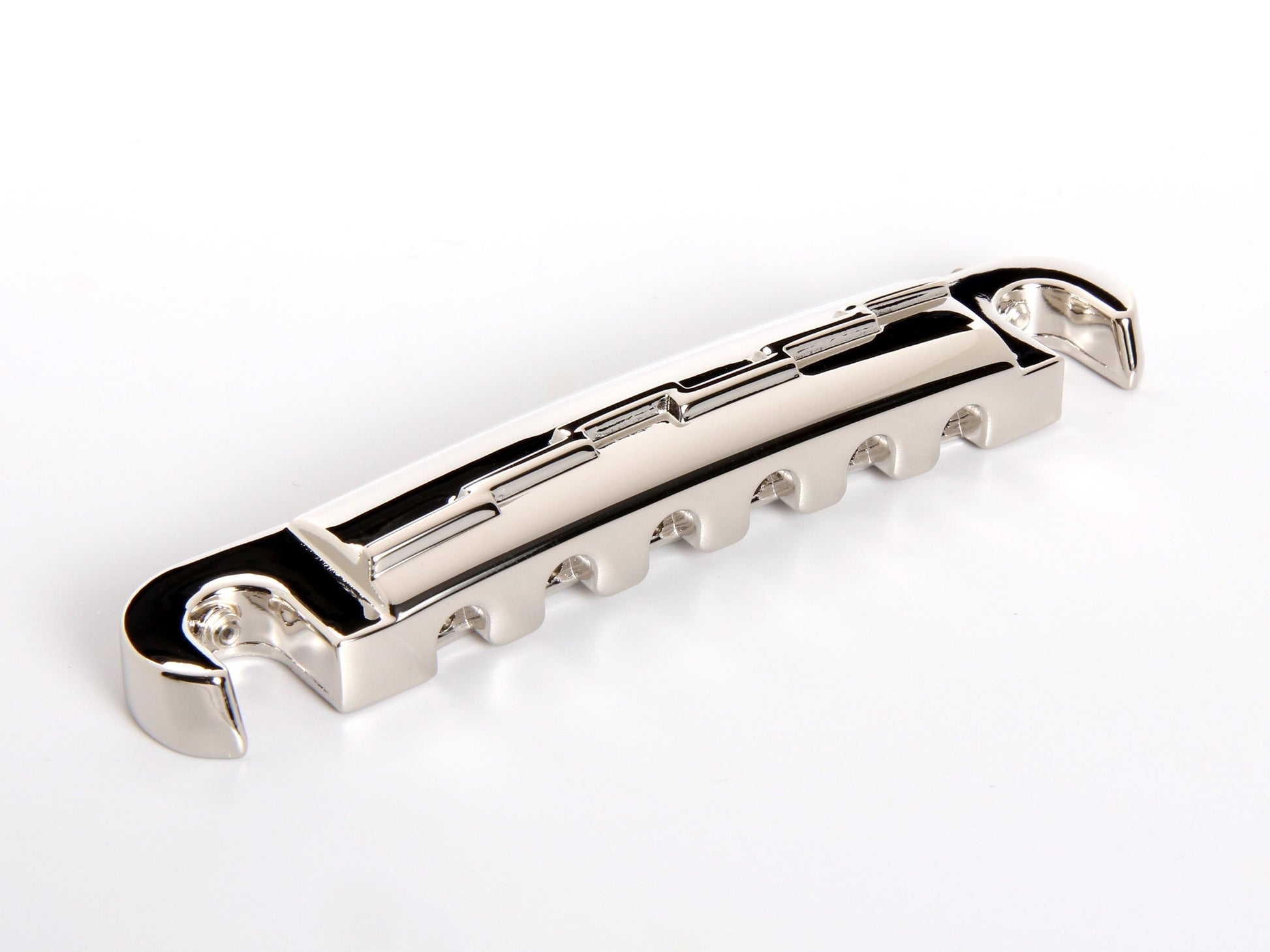 OEM lightning bar wraparound tailpiece compensated for unwound G string, nickel-plated zinc, front, alternate view