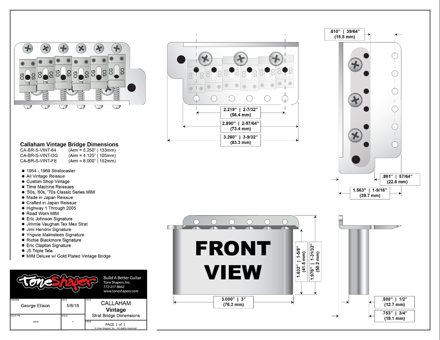 Callaham Vintage Tremolo Dimensions