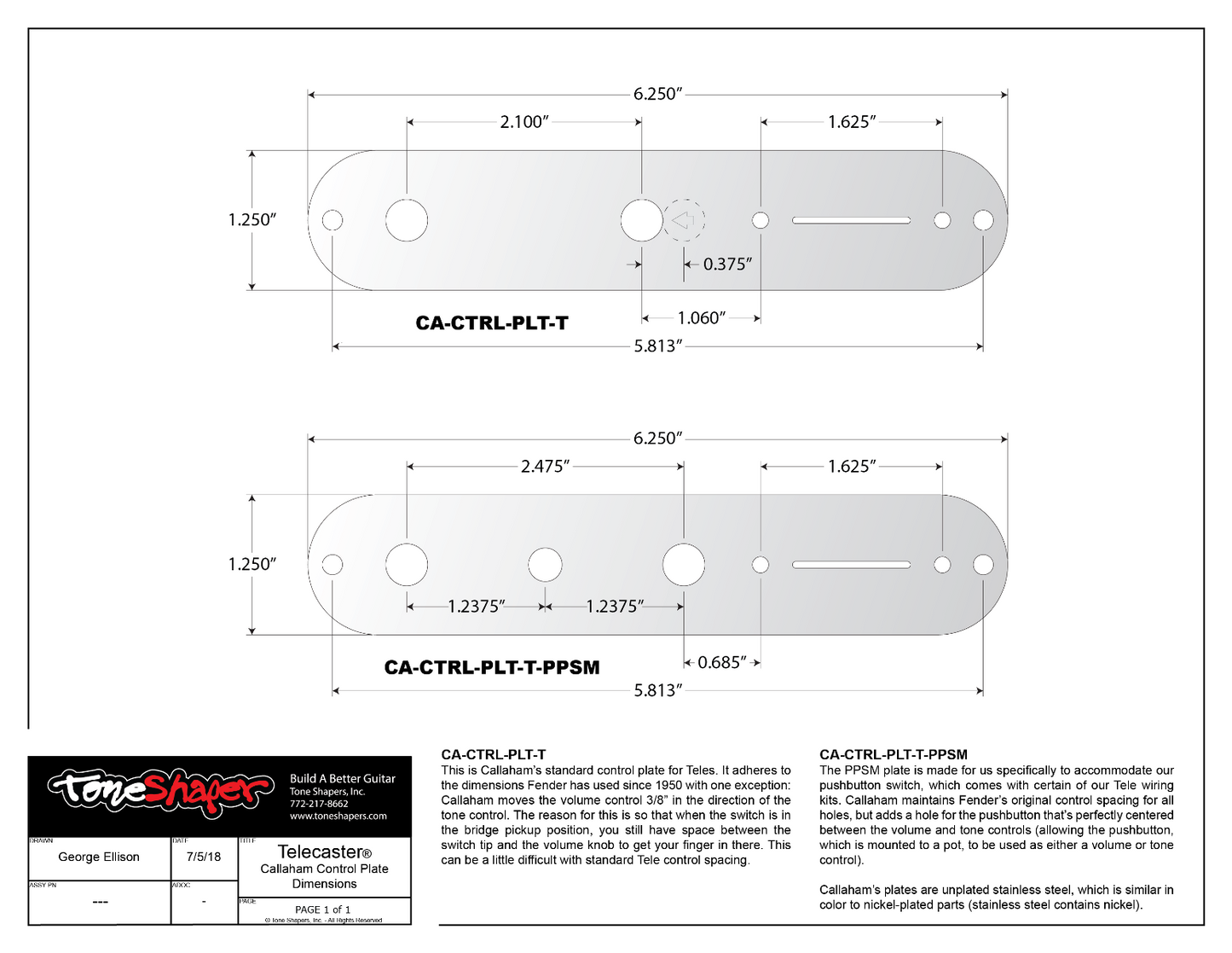 Callaham Tele Control Plate Dimensions