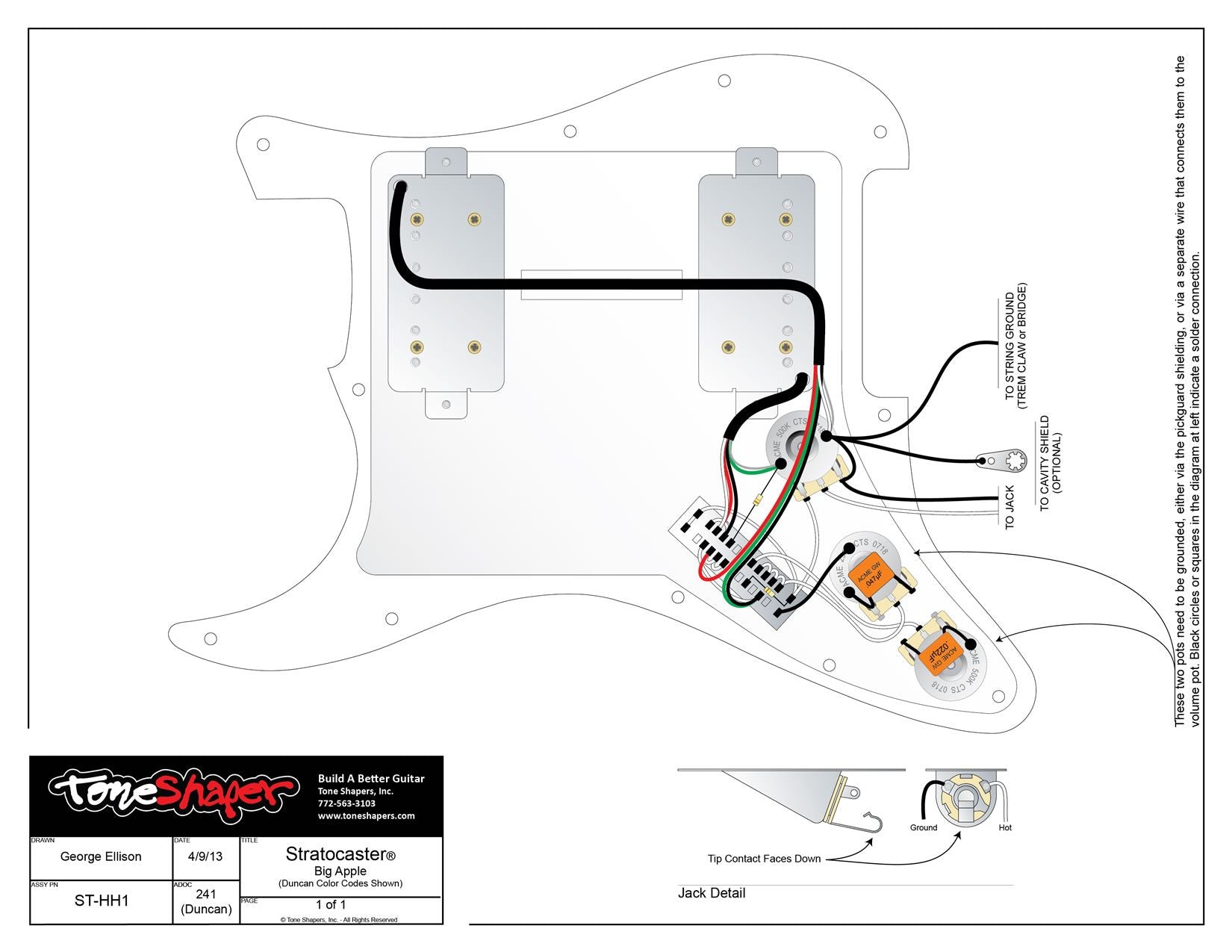 ToneShaper Wiring Kit, Stratocaster, Big Apple (HH1)